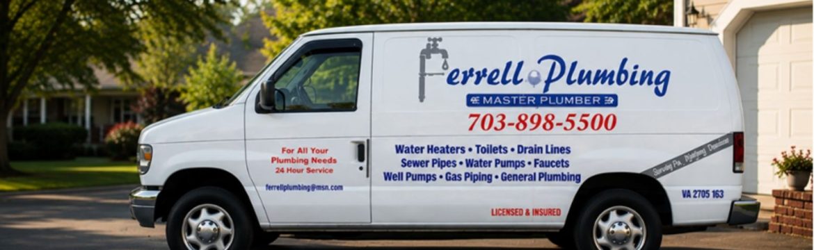ferrell plumbing service van in woodbridge va providing emergency plumbing drain cleaning water heater repair and local plumbing services call 703 898 5500